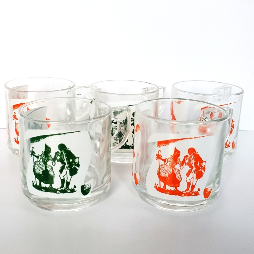 Vintage Glass Mugs Green & Orange Courting Couple on Parchment Design 5pcs MCM